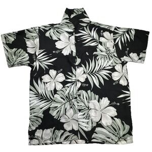 Rima Hawaiian Shirt Tropical‎ Hibiscus Monstera Print Terivoile M Black White